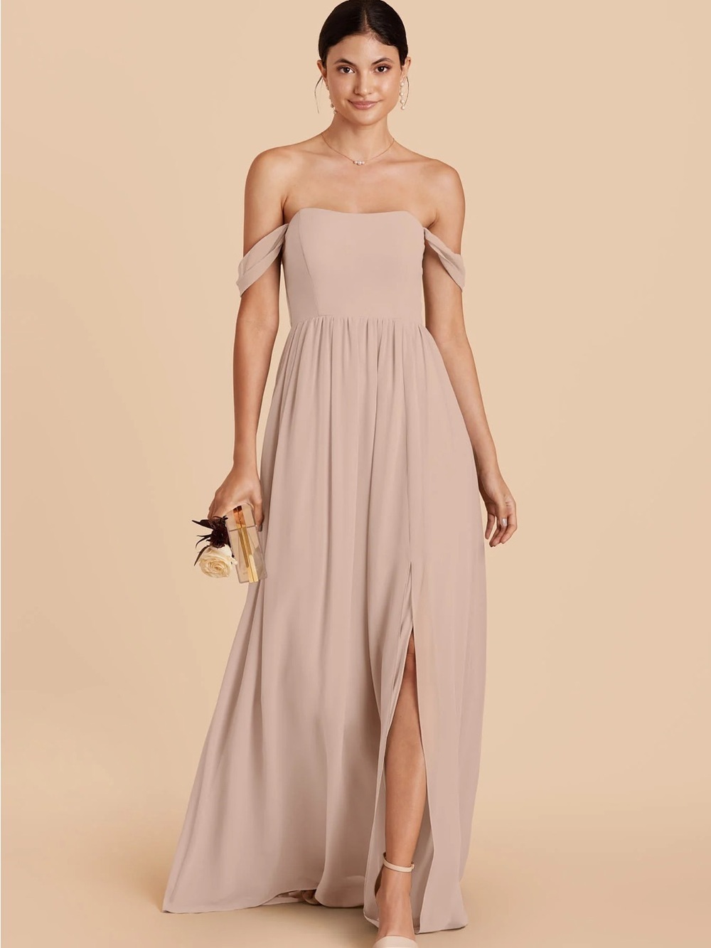 Birdy Grey Blush Taupe Strapless Off-Shoulder Bridesmaid Dress Size L Pockets